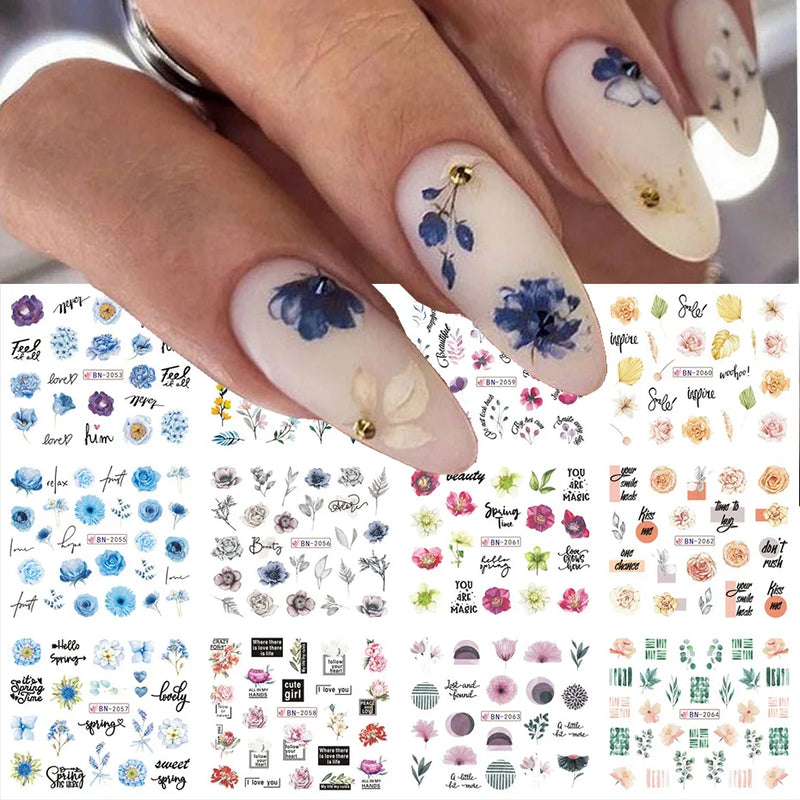 12PCS Summer Nail Art Stickers – Ink Flowers, Leaves & Graffiti Water Decals Set