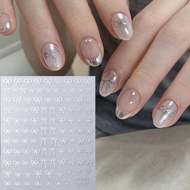 Mini Bowknot Nail Art Stickers – Self-Adhesive Lace Ribbon & Butterfly Decals, Black/White/Pink