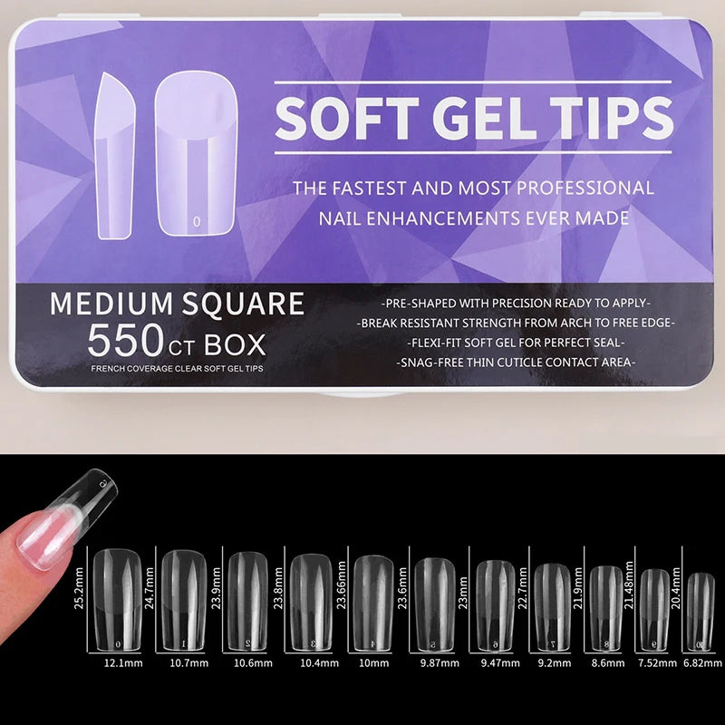 550pcs Soft Gel Nail Tips Set – Full Cover Matte Press-On Tips in Almond & Coffin Shapes