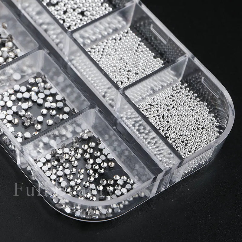 White Pearl Nail Art Rhinestones – Mixed Size Half Round Flatback Beads (12 Grids, Acrylic Stones)