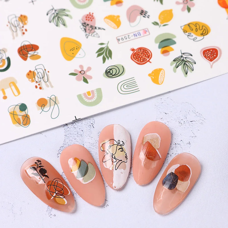 12PCS Summer Nail Art Stickers – Ink Flowers, Leaves & Graffiti Water Decals Set