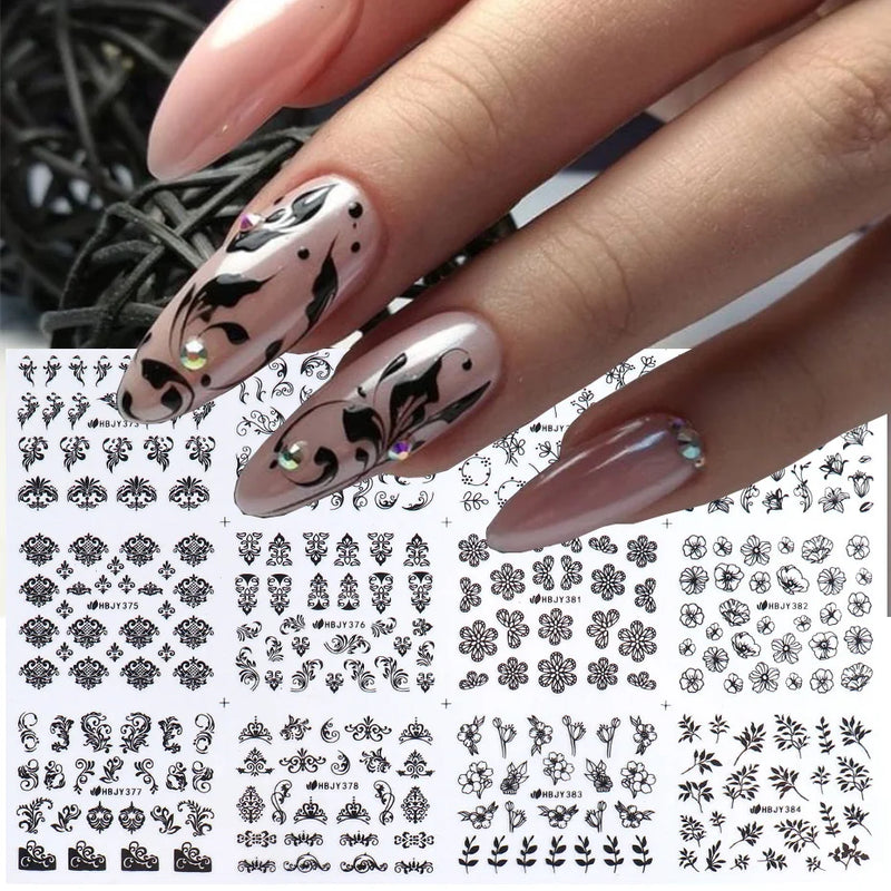 12PCS / Set Black Nail Stickers Flower Leaf Necklace 3D Sliders Decal Gel Polish Sticker DIY Design