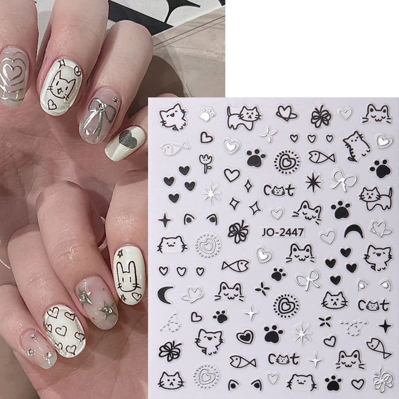 2pcs Cartoon Cat Holographic Nail Stickers – Childlike Heart & Star Designs in Silver Chrome