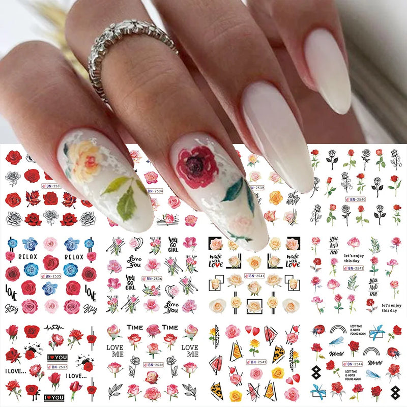 12PCS Summer Nail Art Stickers – Ink Flowers, Leaves & Graffiti Water Decals Set