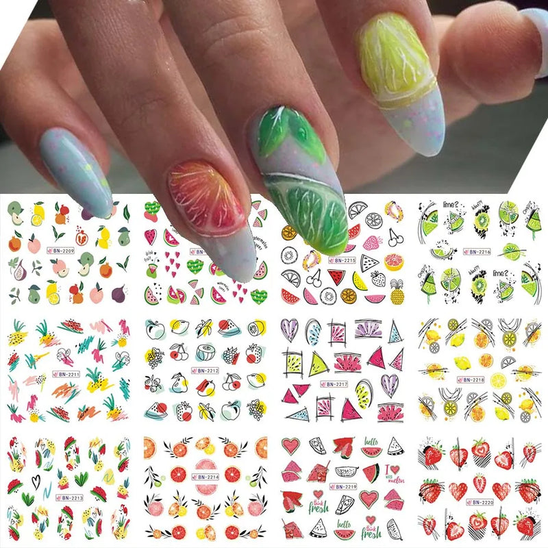 12PCS Summer Nail Art Stickers – Ink Flowers, Leaves & Graffiti Water Decals Set