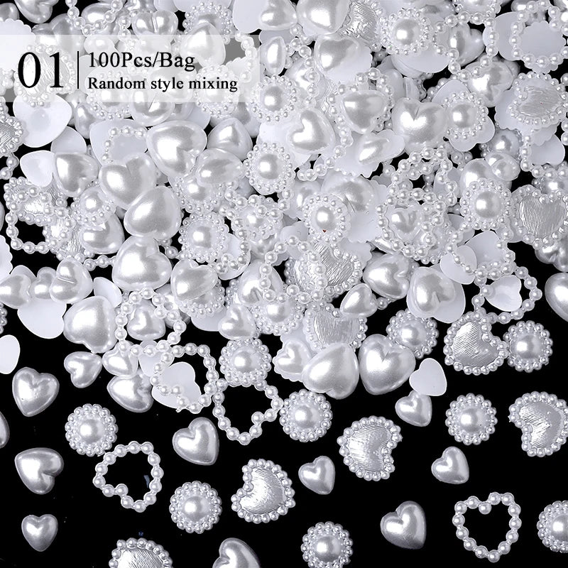 100pcs/200pcs Mixed Pearl Nail Rhinestones 3D Half Round Pearl Bead Colorful Love Heart Star Nail