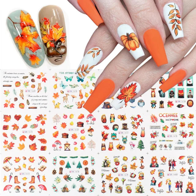 12PCS Summer Nail Art Stickers – Ink Flowers, Leaves & Graffiti Water Decals Set