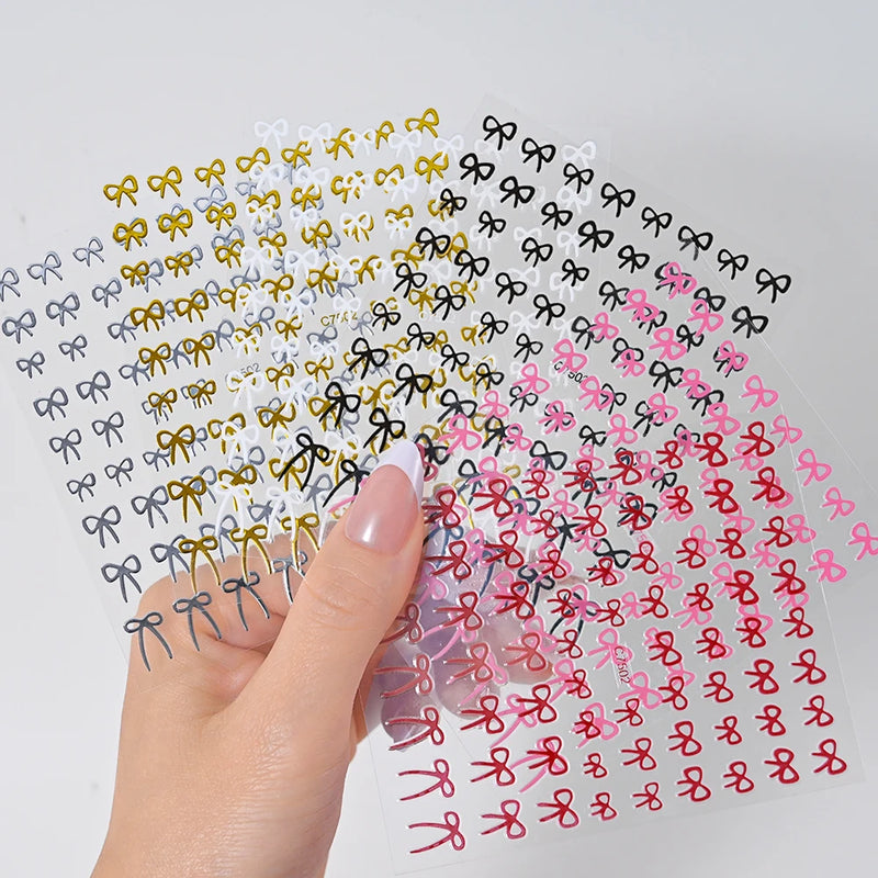 6 Sheets Ribbon Bowknots Nail Stickers - Cute 3D Bow Decals in Gold, Silver & Pink