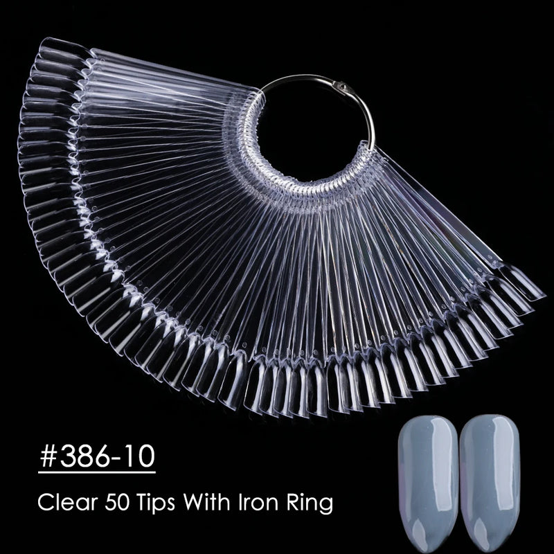50pcs Fan-Shaped Nail Display Tips – Clear & Natural Colour Swatch Chart