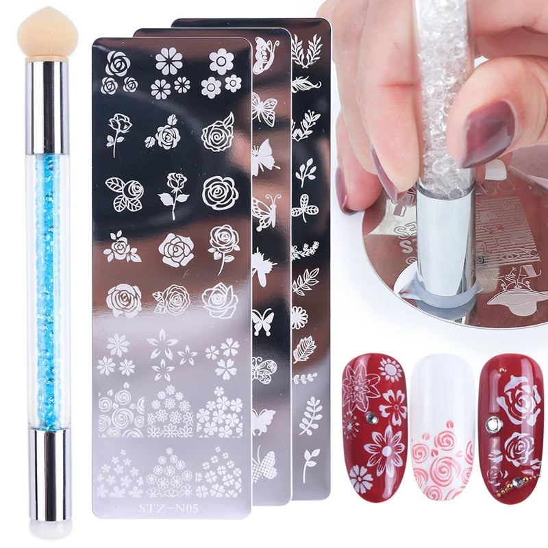 Nail Stamping Plates Set with Silicone Stamper Brush – Flower & Geometry Transfer Templates