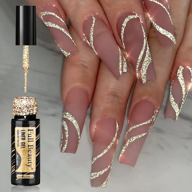 Champagne Gold & Silver Glitter Liner Gel – 5ml Super Bright French Line Nail Art Polish