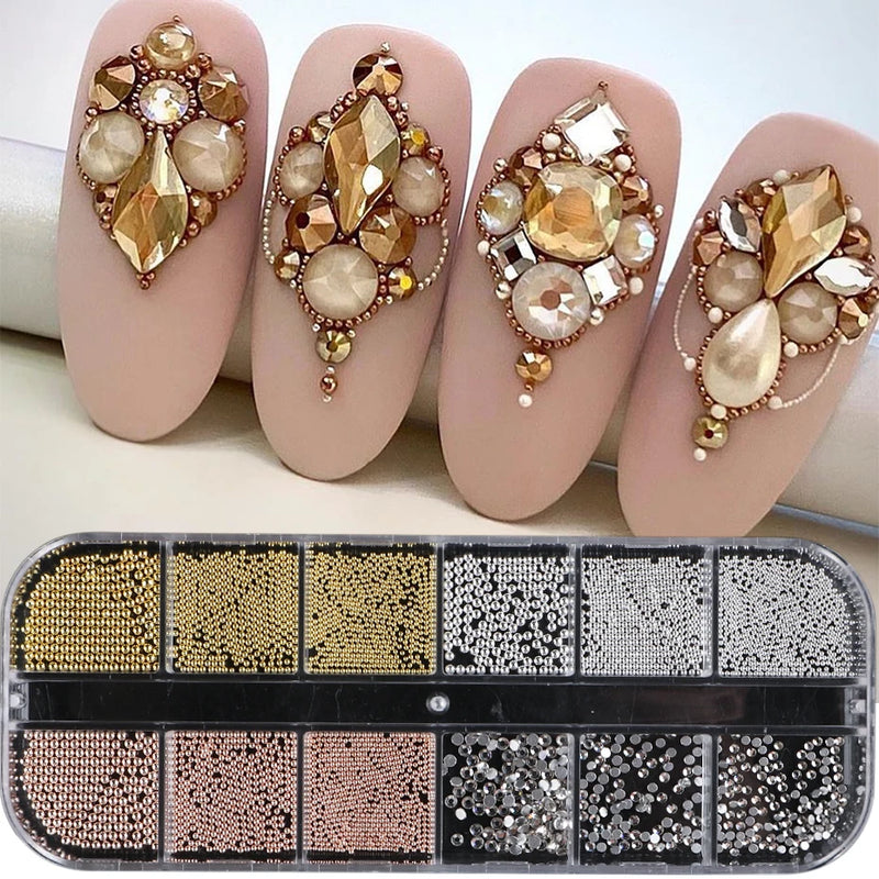 White Pearl Nail Art Rhinestones – Mixed Size Half Round Flatback Beads (12 Grids, Acrylic Stones)
