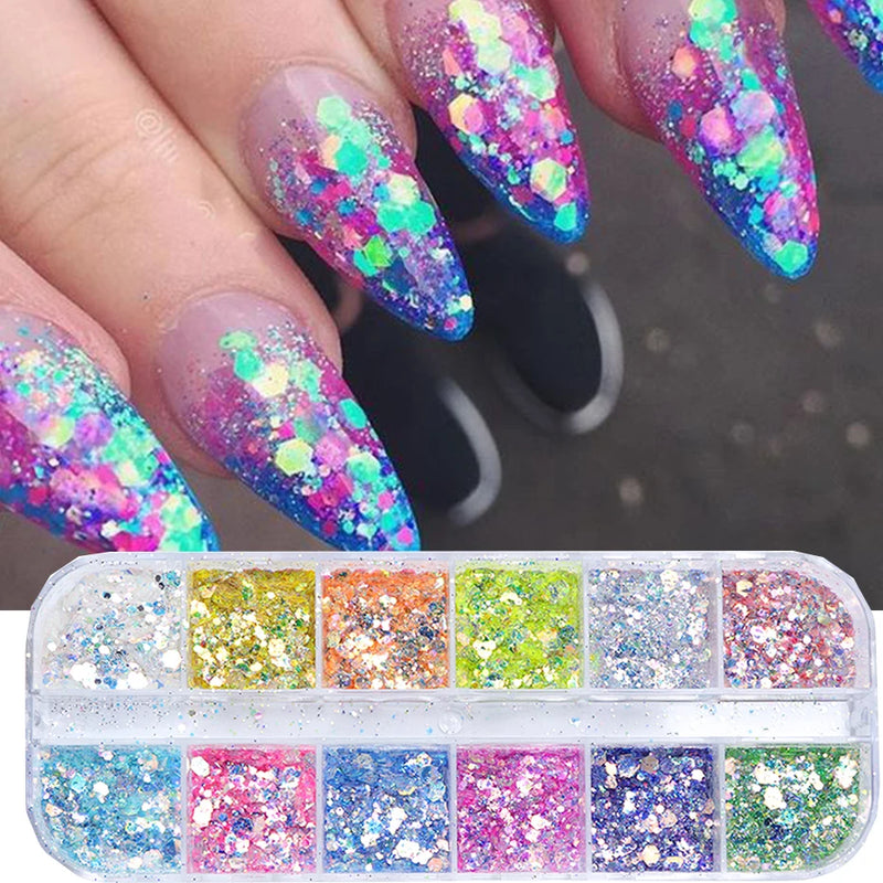 Mirror Iridescent Hexagon Glitter – 12-Grid Holographic Nail Art Sequins Set