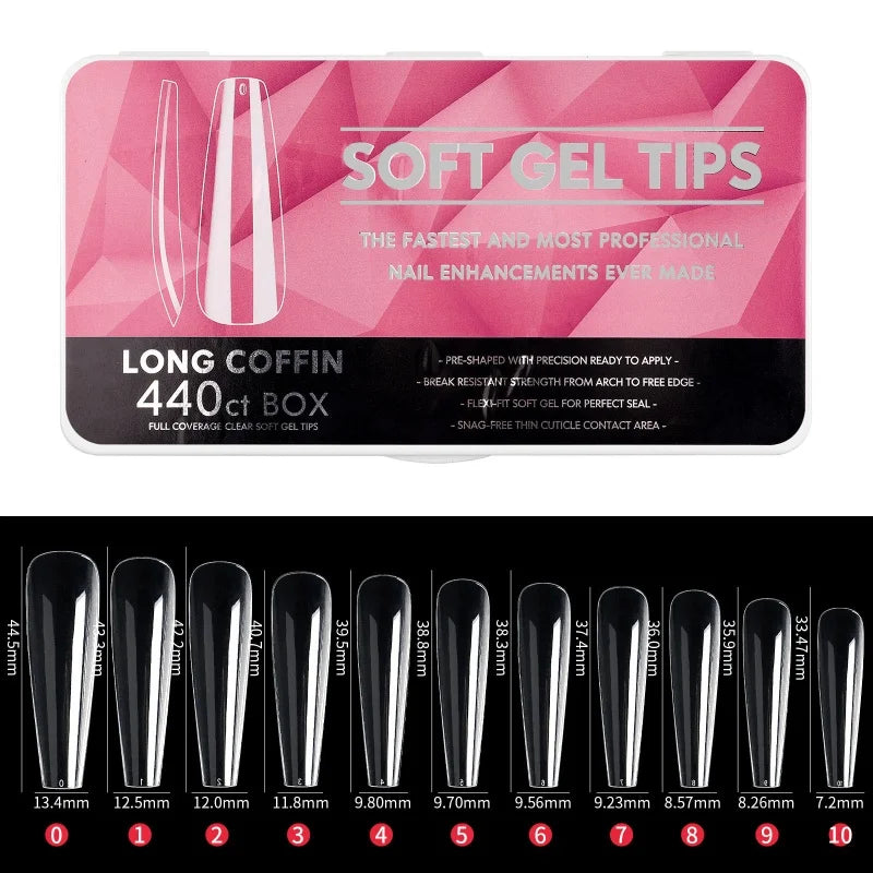 1 Box Clear Long False Nails – Almond & Coffin Soft Gel Tips for Extensions