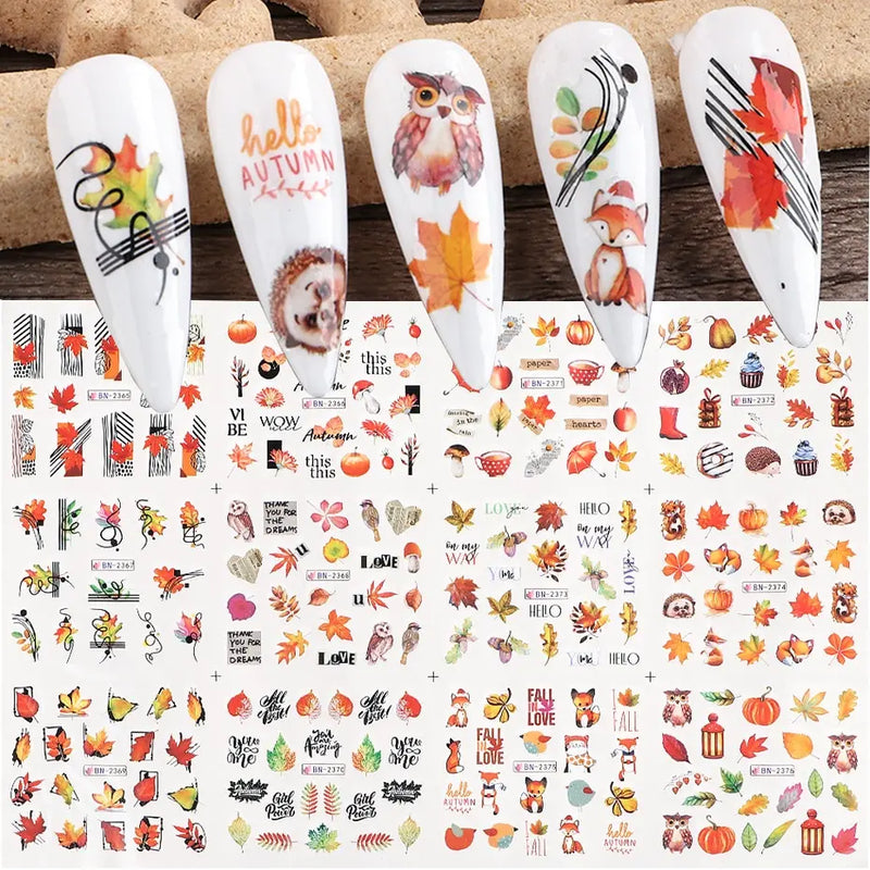 12PCS Summer Nail Art Stickers – Ink Flowers, Leaves & Graffiti Water Decals Set