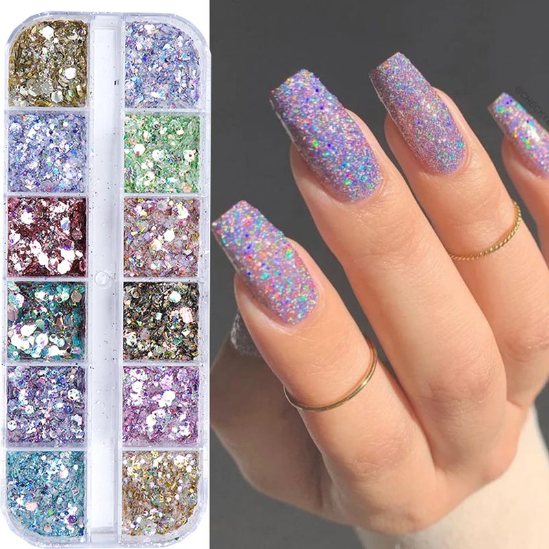 Mirror Iridescent Hexagon Glitter – 12-Grid Holographic Nail Art Sequins Set