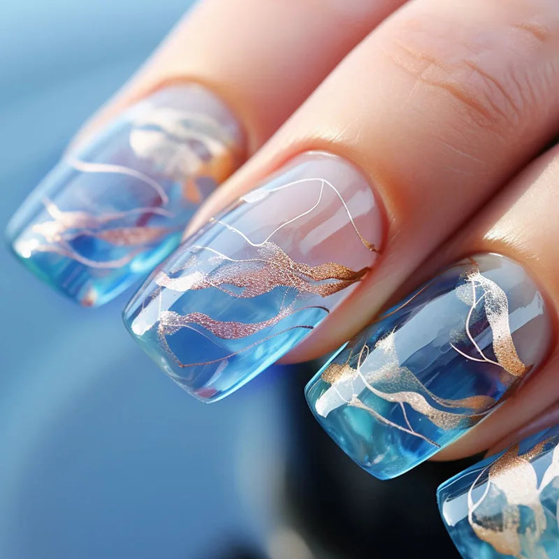 24pcs Short Round Full Cover Detachable Press-On Nails - French Blue & Pearl White with Heart Design