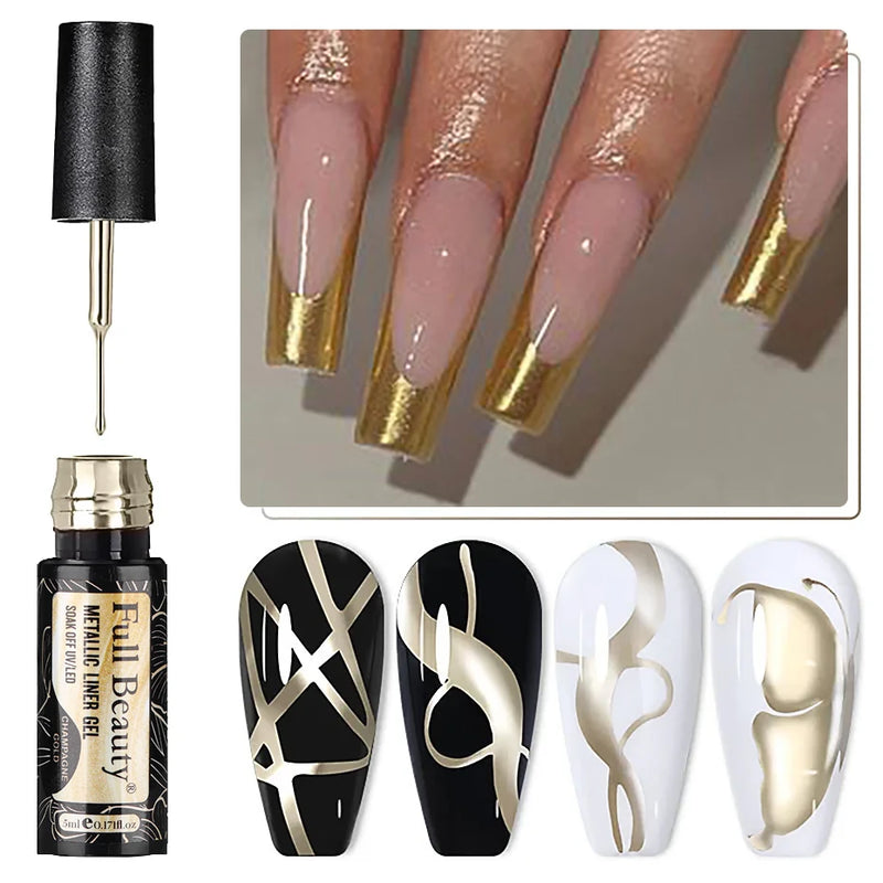 Champagne Gold & Silver Glitter Liner Gel – 5ml Super Bright French Line Nail Art Polish