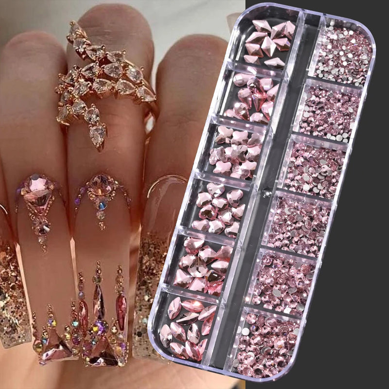 12 Colors Luxury Crystal Nail Art Rhinestones 3D Mixed-Shape Clear/AB Glitter Diamond DIY 12 Grids