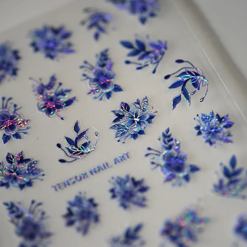 Acrylic Engraved Nail Sticker Holographi Blue Flowers Gold Line Self-Adhesive Nail Transfer Sliders