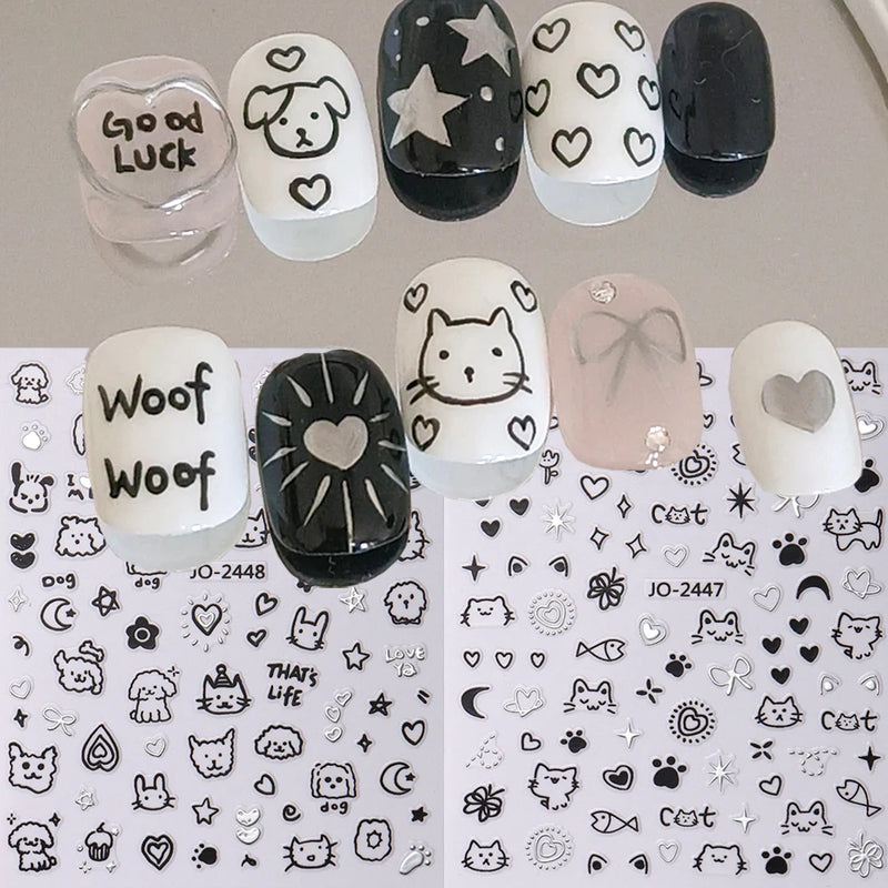 2pcs Cartoon Cat Holographic Nail Stickers – Childlike Heart & Star Designs in Silver Chrome