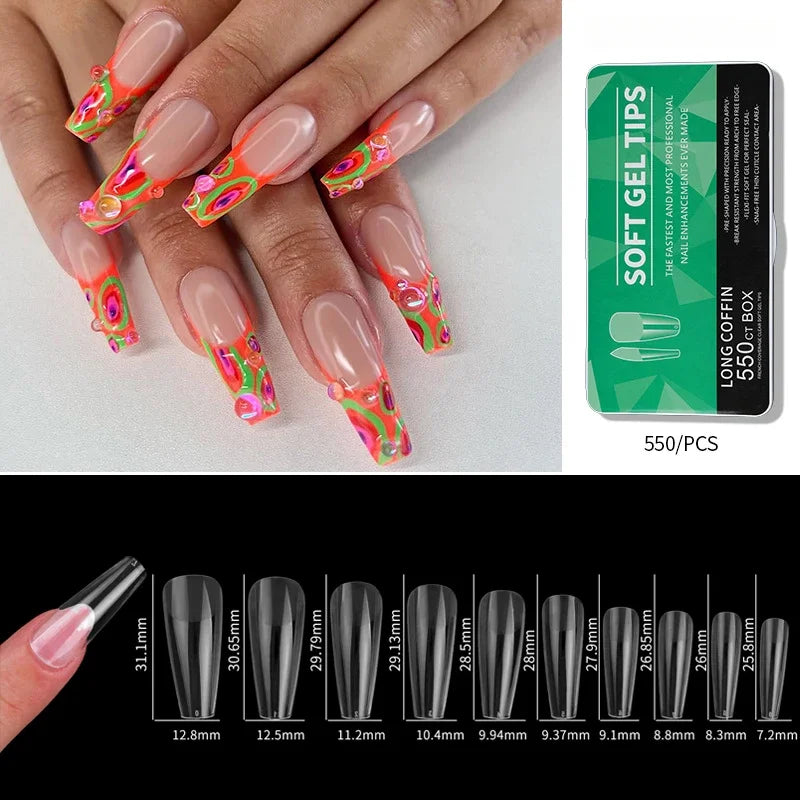 550pcs/Box Clear Acrylic Long Fake Nails – Almond, French, Coffin, Full Half Cover False Nail Tips