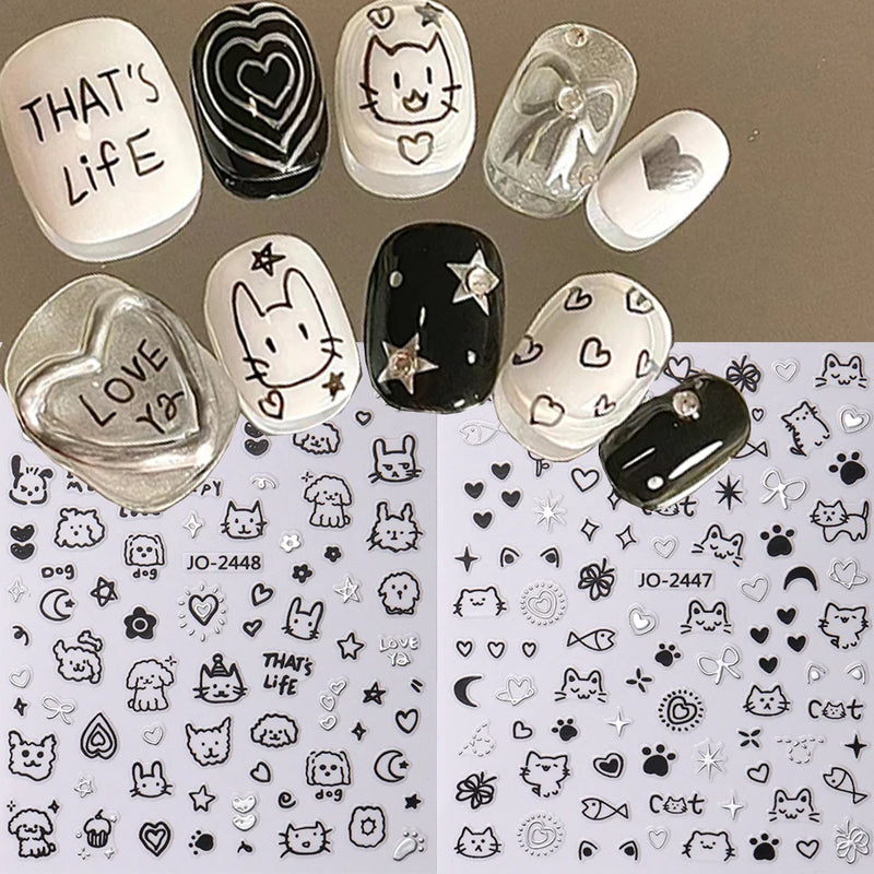 2pcs Cartoon Cat Holographic Nail Stickers – Childlike Heart & Star Designs in Silver Chrome