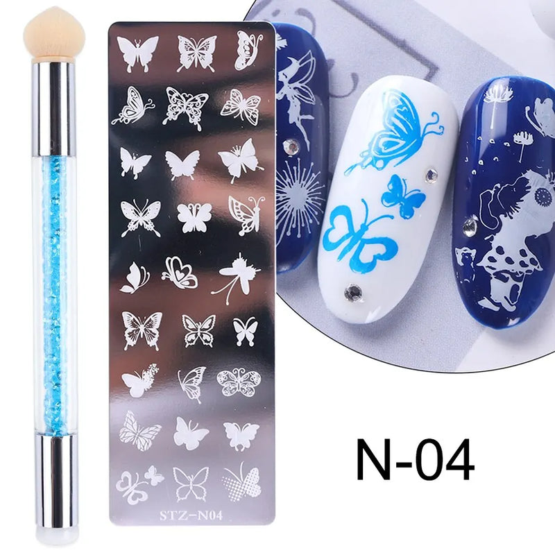 Nail Stamping Plates Set with Silicone Stamper Brush – Flower & Geometry Transfer Templates
