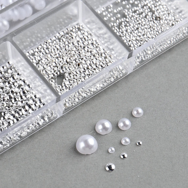 White Pearl Nail Art Rhinestones – Mixed Size Half Round Flatback Beads (12 Grids, Acrylic Stones)