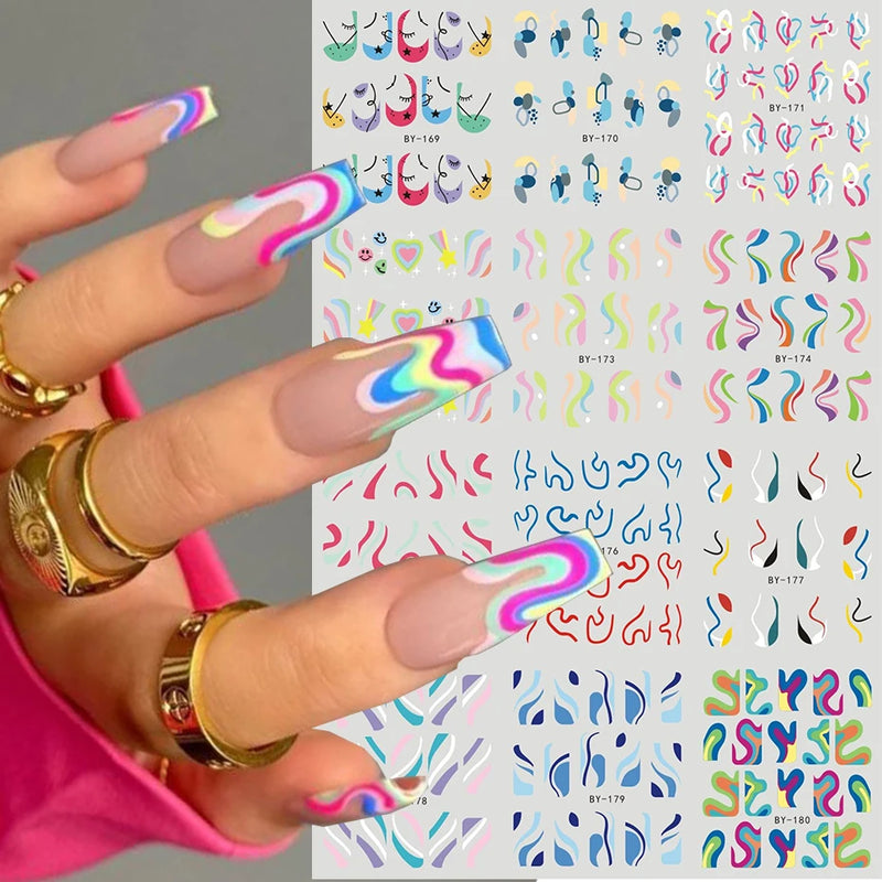 12PCS Summer Nail Art Stickers – Ink Flowers, Leaves & Graffiti Water Decals Set
