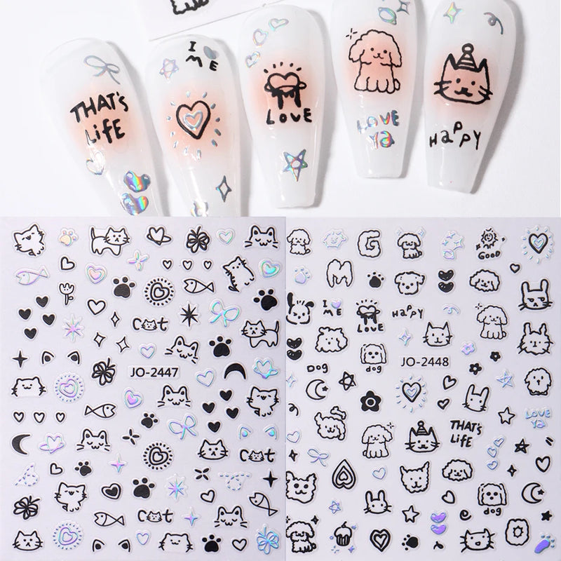 2pcs Cartoon Cat Holographic Nail Stickers – Childlike Heart & Star Designs in Silver Chrome