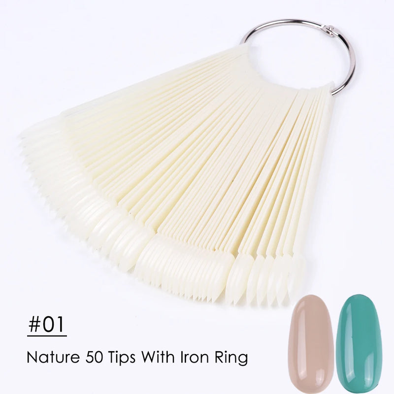 50pcs Fan-Shaped Nail Display Tips – Clear & Natural Colour Swatch Chart