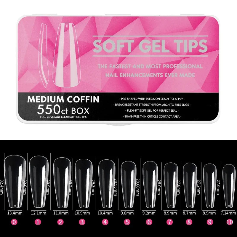 1 Box Clear Long False Nails – Almond & Coffin Soft Gel Tips for Extensions