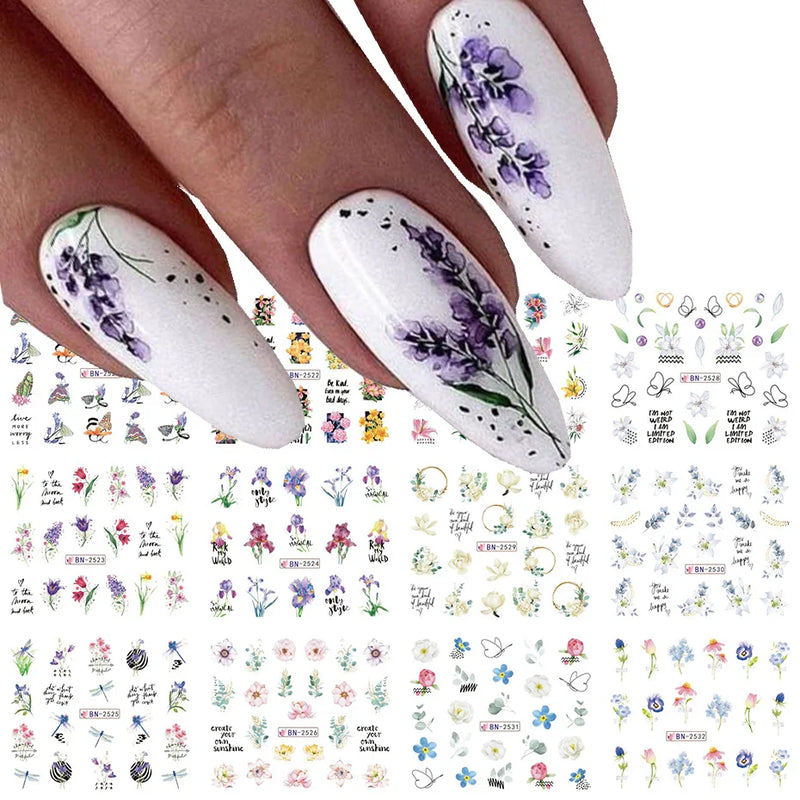 12PCS Summer Nail Art Stickers – Ink Flowers, Leaves & Graffiti Water Decals Set