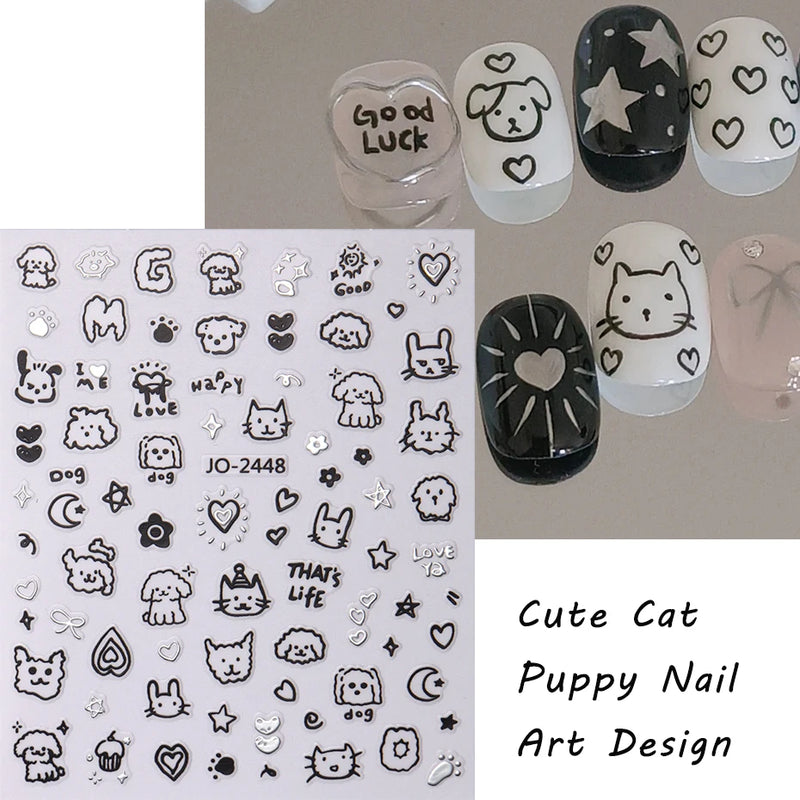 2pcs Cartoon Cat Holographic Nail Stickers – Childlike Heart & Star Designs in Silver Chrome