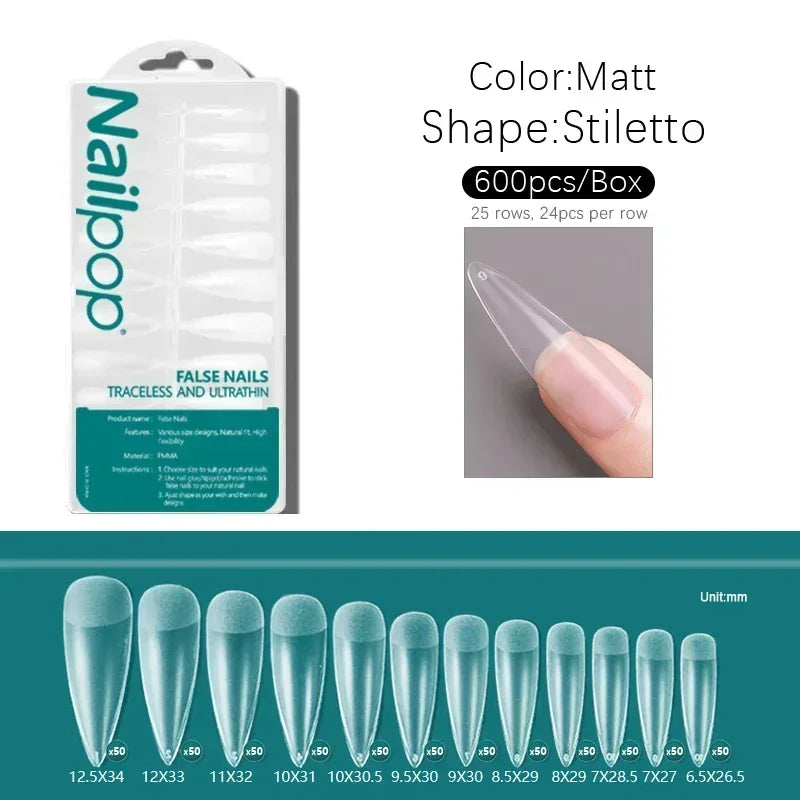 600PCS PRO Full Cover Fake Nail Tips – Clear, Matte & Semi-Matte Acrylic Nail Extensions