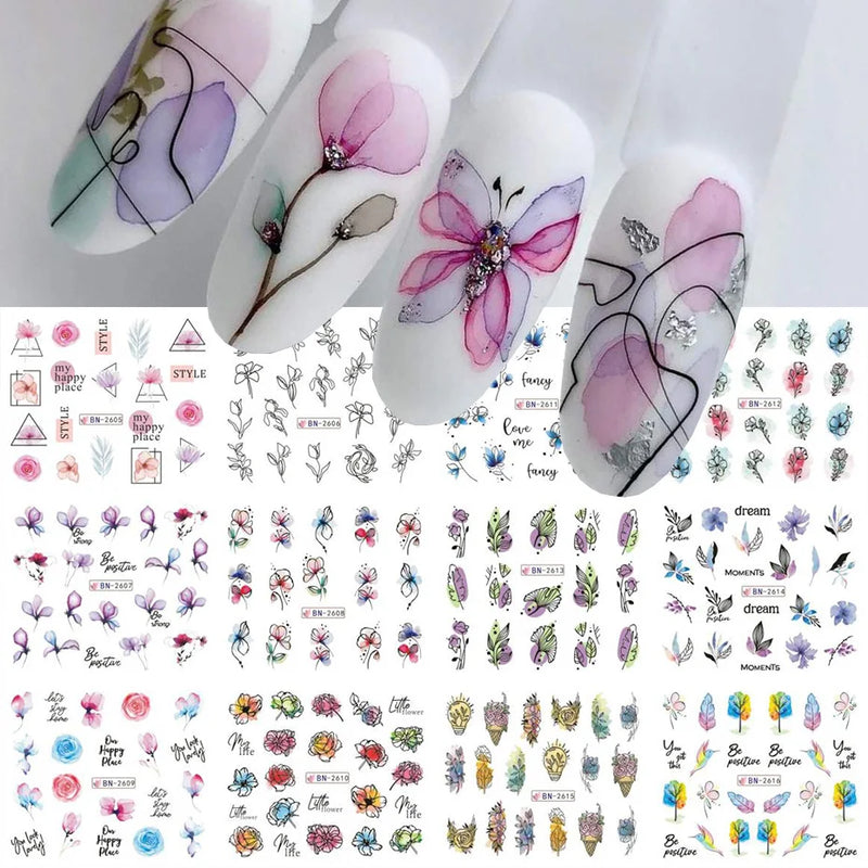 12PCS Summer Nail Art Stickers – Ink Flowers, Leaves & Graffiti Water Decals Set