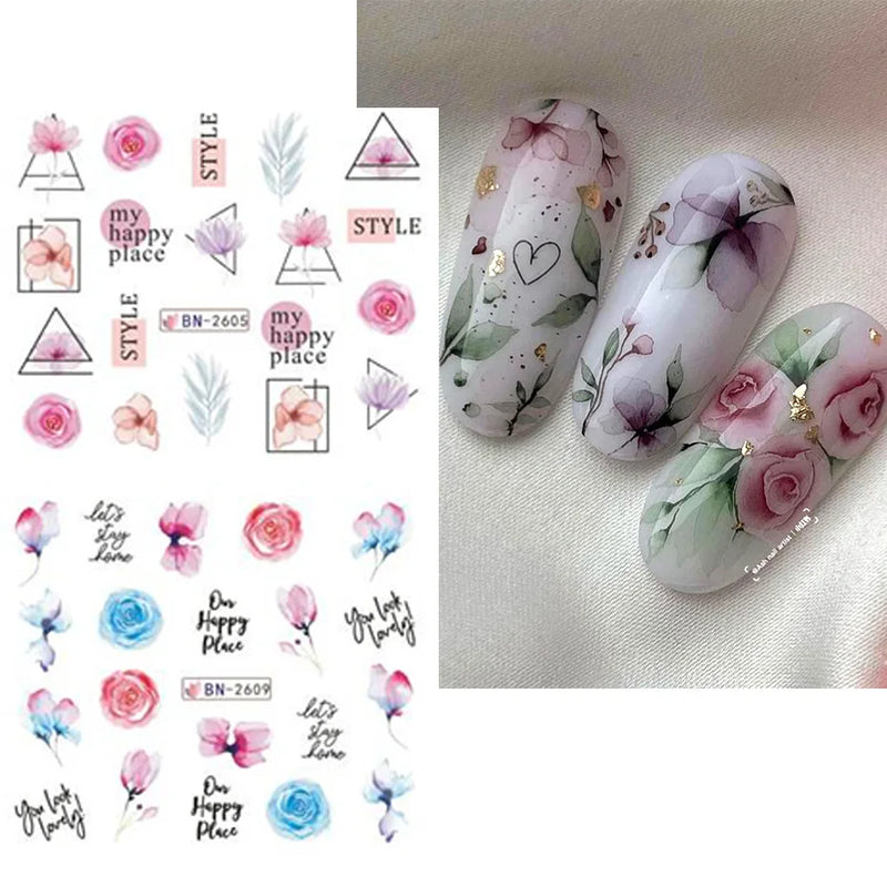 12PCS Summer Nail Art Stickers – Ink Flowers, Leaves & Graffiti Water Decals Set