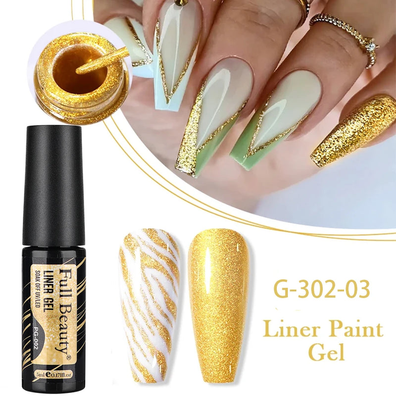 Champagne Gold & Silver Glitter Liner Gel – 5ml Super Bright French Line Nail Art Polish