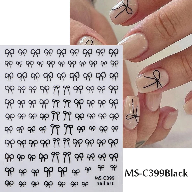 Mini Bowknot Nail Art Stickers – Self-Adhesive Lace Ribbon & Butterfly Decals, Black/White/Pink