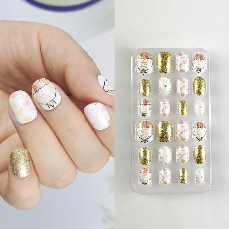 24Pcs Kids Press-On Nails – Glitter Bling Fake Nail Tips, DIY Manicure for Girls Aged 6+
