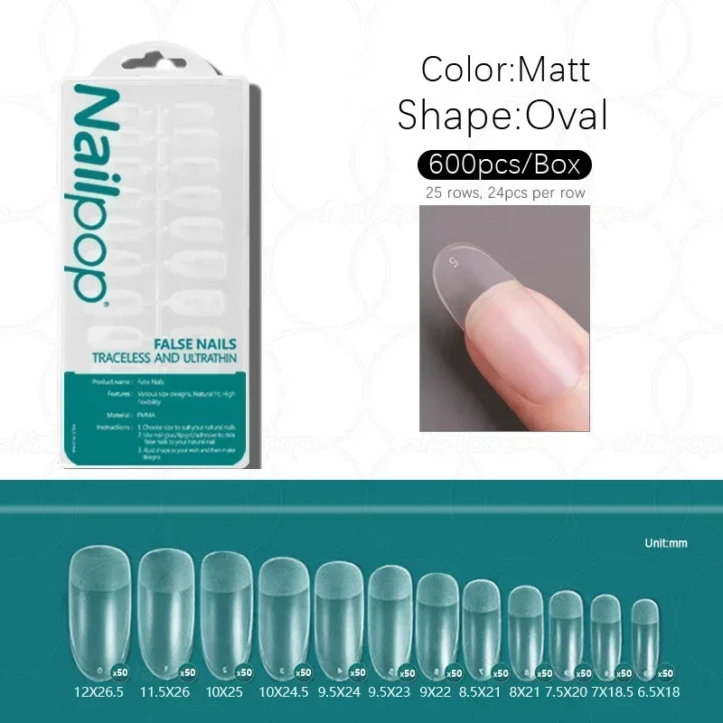 600PCS PRO Full Cover Fake Nail Tips – Clear, Matte & Semi-Matte Acrylic Nail Extensions