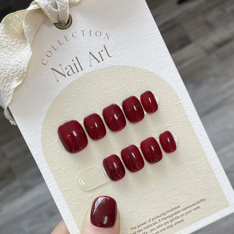 10Pcs Handmade Short Press-On Nails – Pure Colour French Round Full Cover False Nails with Glue