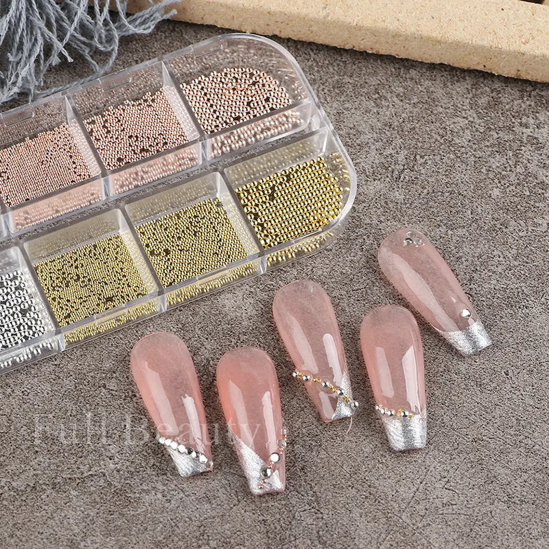 White Pearl Nail Art Rhinestones – Mixed Size Half Round Flatback Beads (12 Grids, Acrylic Stones)