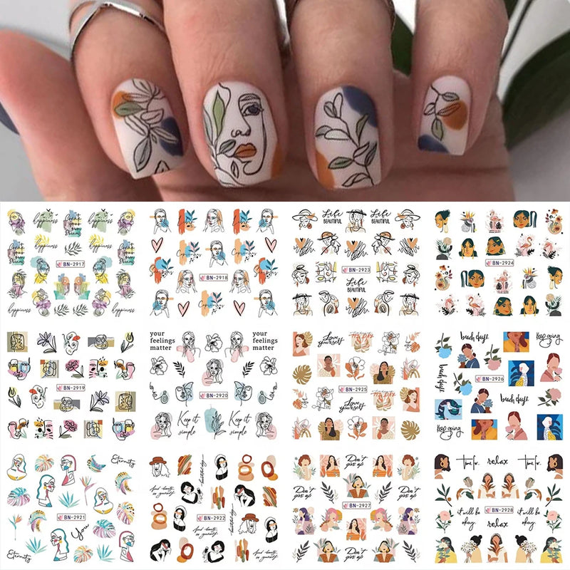 12PCS Summer Nail Art Stickers – Ink Flowers, Leaves & Graffiti Water Decals Set