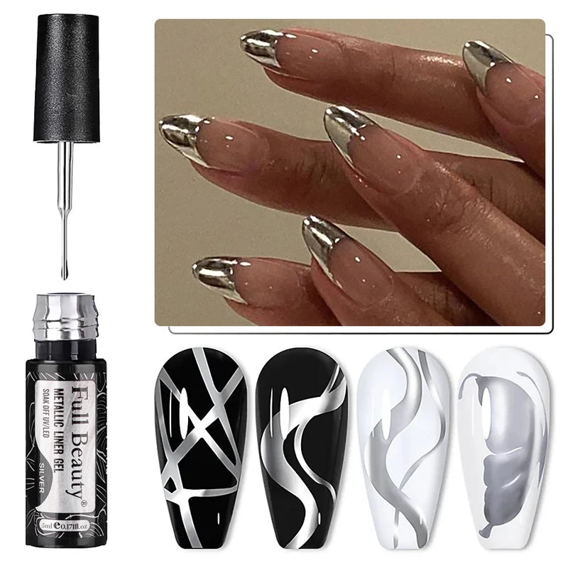 Champagne Gold & Silver Glitter Liner Gel – 5ml Super Bright French Line Nail Art Polish