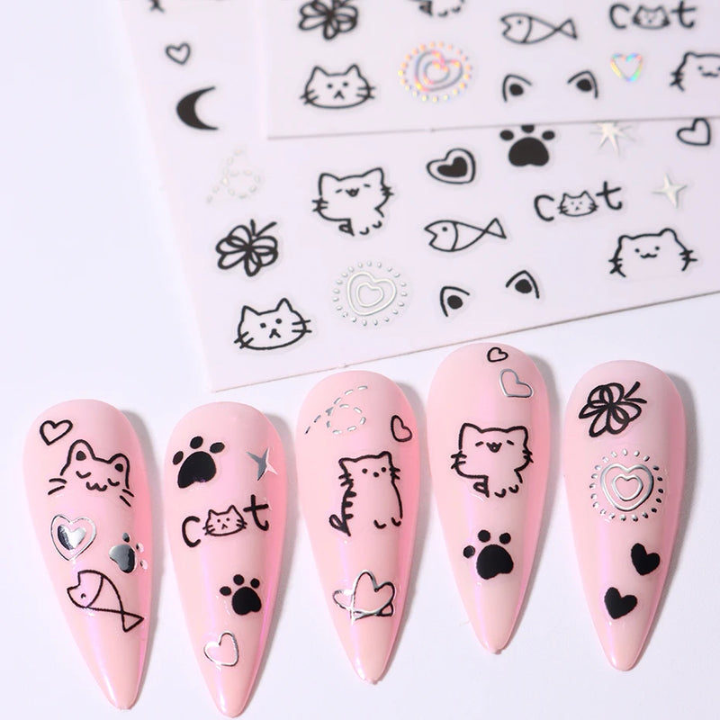 2pcs Cartoon Cat Holographic Nail Stickers – Childlike Heart & Star Designs in Silver Chrome