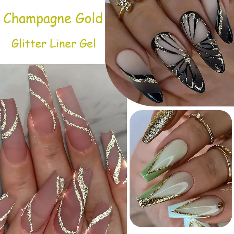 Champagne Gold & Silver Glitter Liner Gel – 5ml Super Bright French Line Nail Art Polish