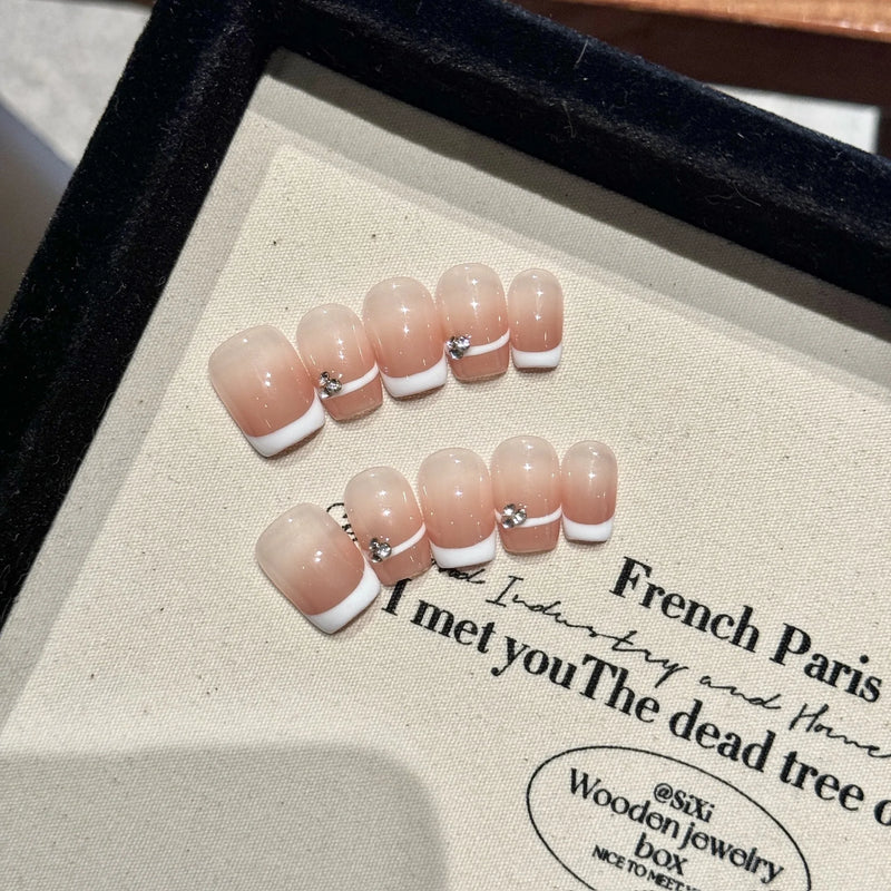 10Pcs Handmade Short Press-On Nails – Pure Colour French Round Full Cover False Nails with Glue