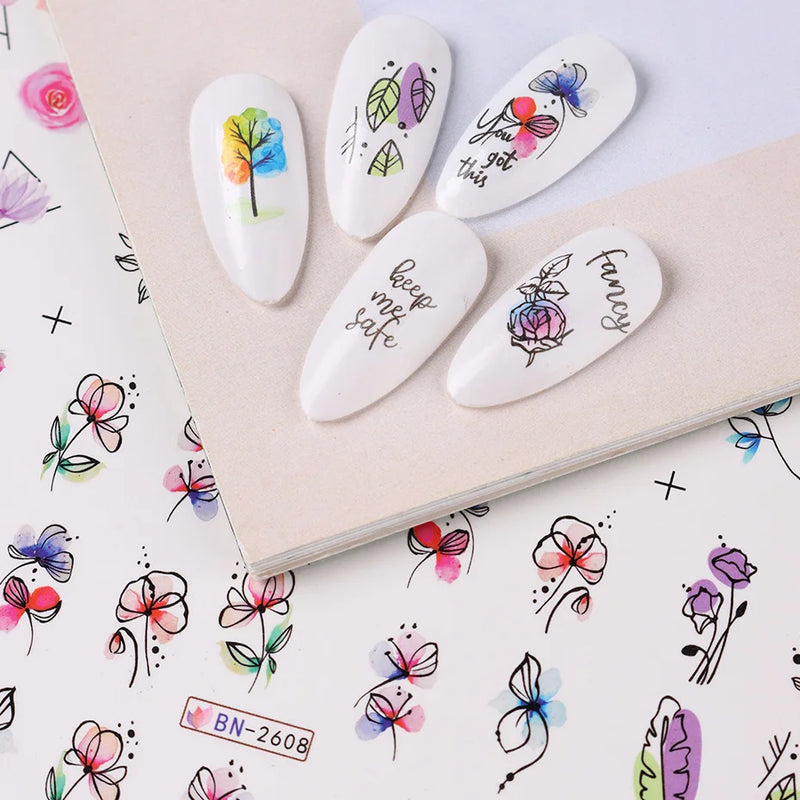 12PCS Summer Nail Art Stickers – Ink Flowers, Leaves & Graffiti Water Decals Set